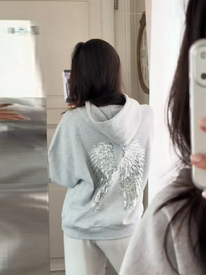 Wing-patterned hooded sweatshirt