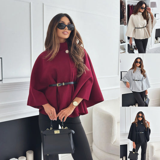 Winter fashion solid-color waist-cinching strap woolen cape coat
