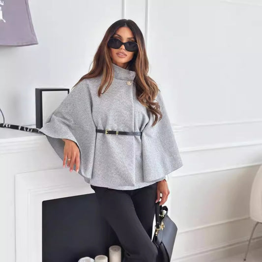 Winter fashion solid-color waist-cinching strap woolen cape coat