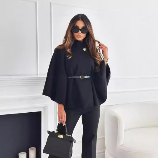 Winter fashion solid-color waist-cinching strap woolen cape coat