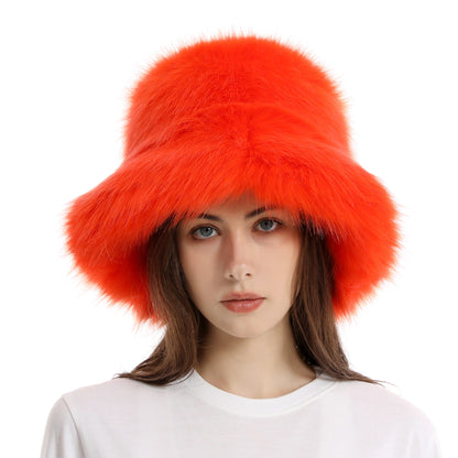 Winter Faux Fur Bucket Hat with Wide Brim
