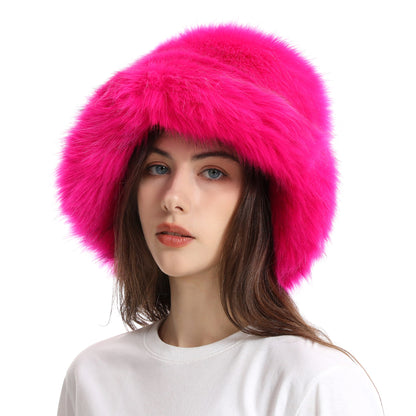Winter Faux Fur Bucket Hat with Wide Brim