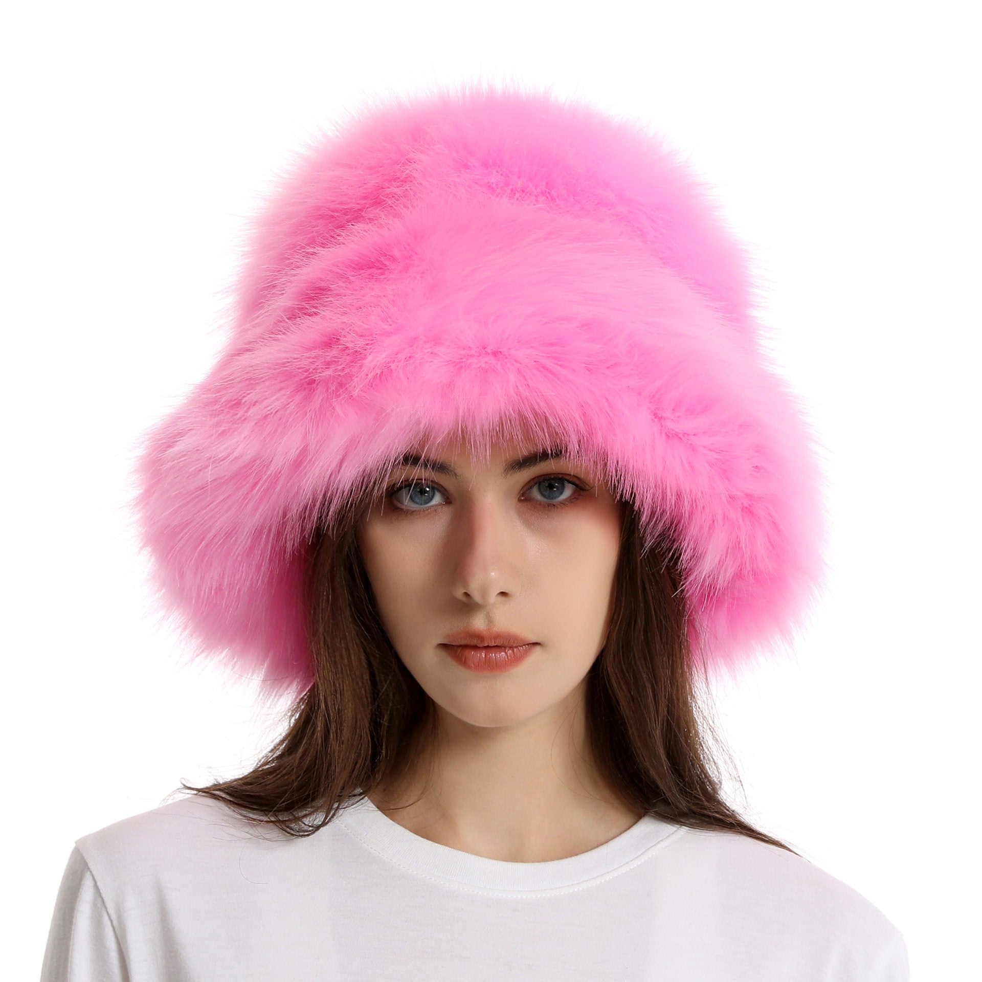 Winter Faux Fur Bucket Hat with Wide Brim