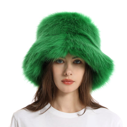 Winter Faux Fur Bucket Hat with Wide Brim