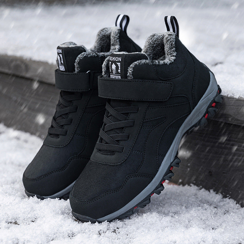 Winter fleece-lined high-top walking shoes for men and women.