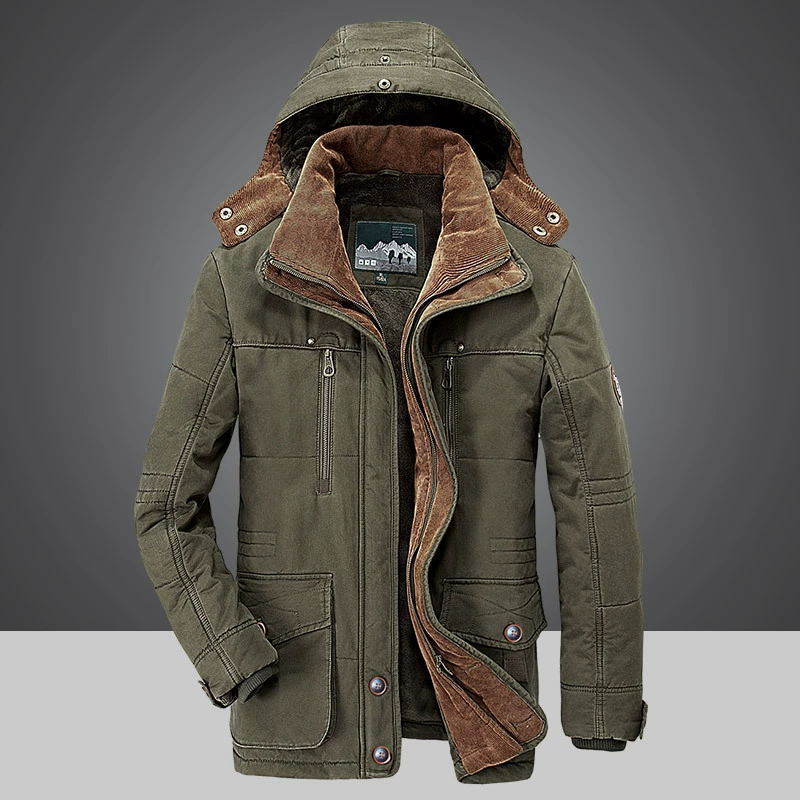 Winter Men's Fleece-Lined Cotton Jacket with Multiple Pockets