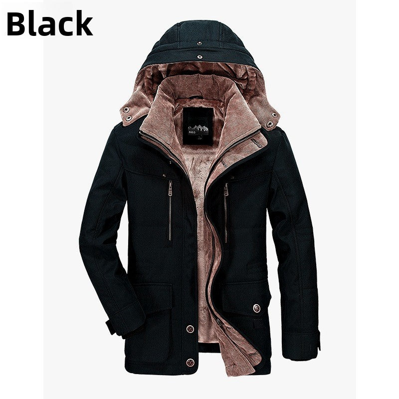 Winter Men's Fleece-Lined Cotton Jacket with Multiple Pockets