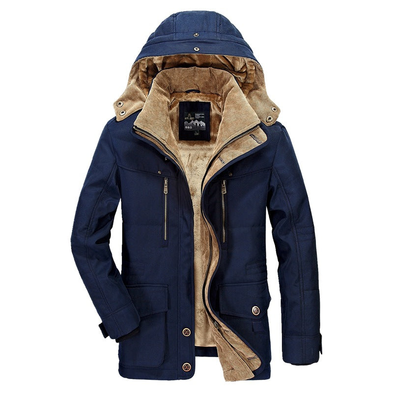 Winter Men's Fleece-Lined Cotton Jacket with Multiple Pockets