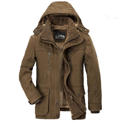 Winter Men's Fleece-Lined Cotton Jacket with Multiple Pockets