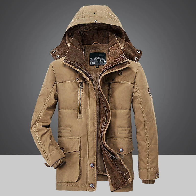 Winter Men's Fleece-Lined Cotton Jacket with Multiple Pockets