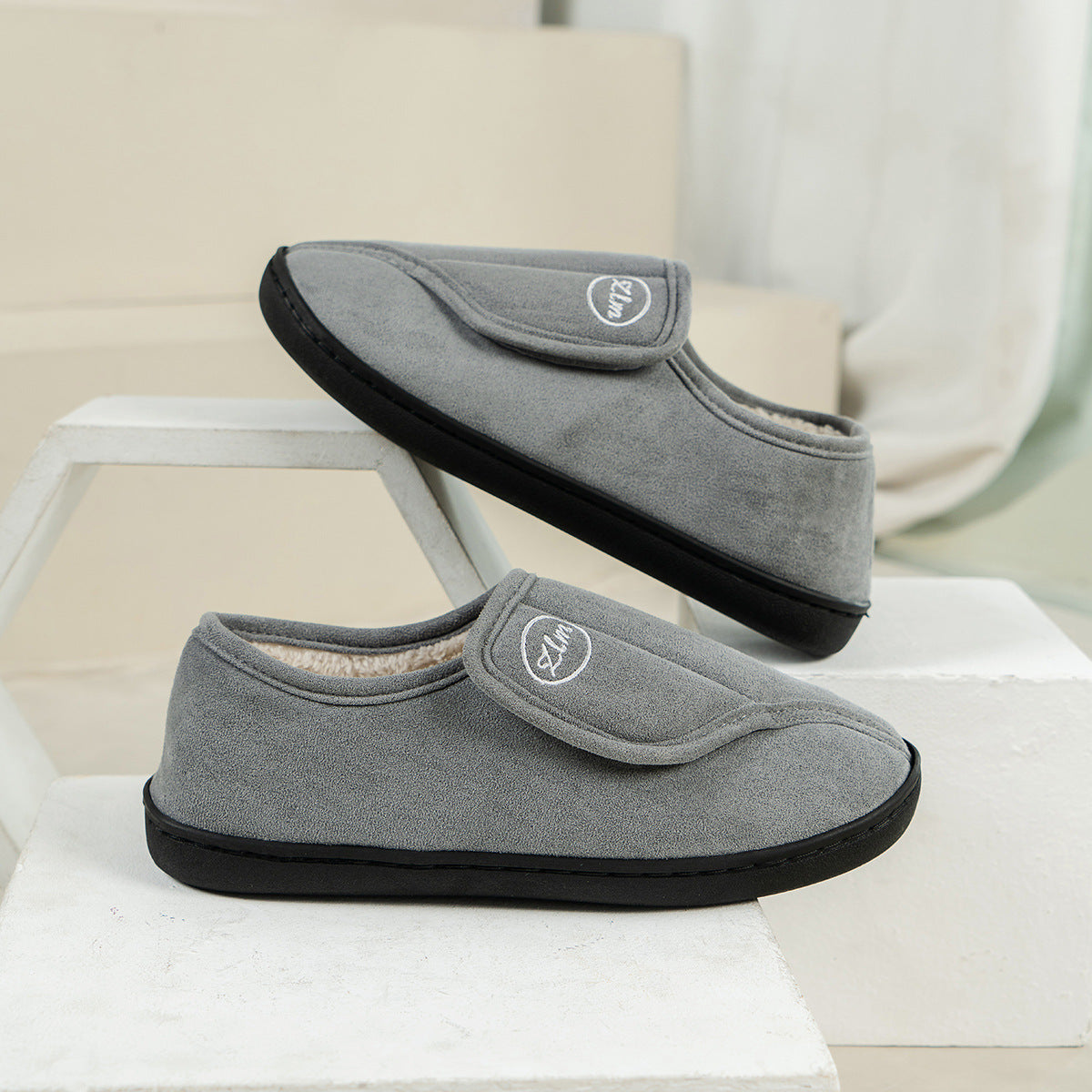 Winter Non-Slip Velcro Cotton Slippers Indoor Warm Furry Shoes