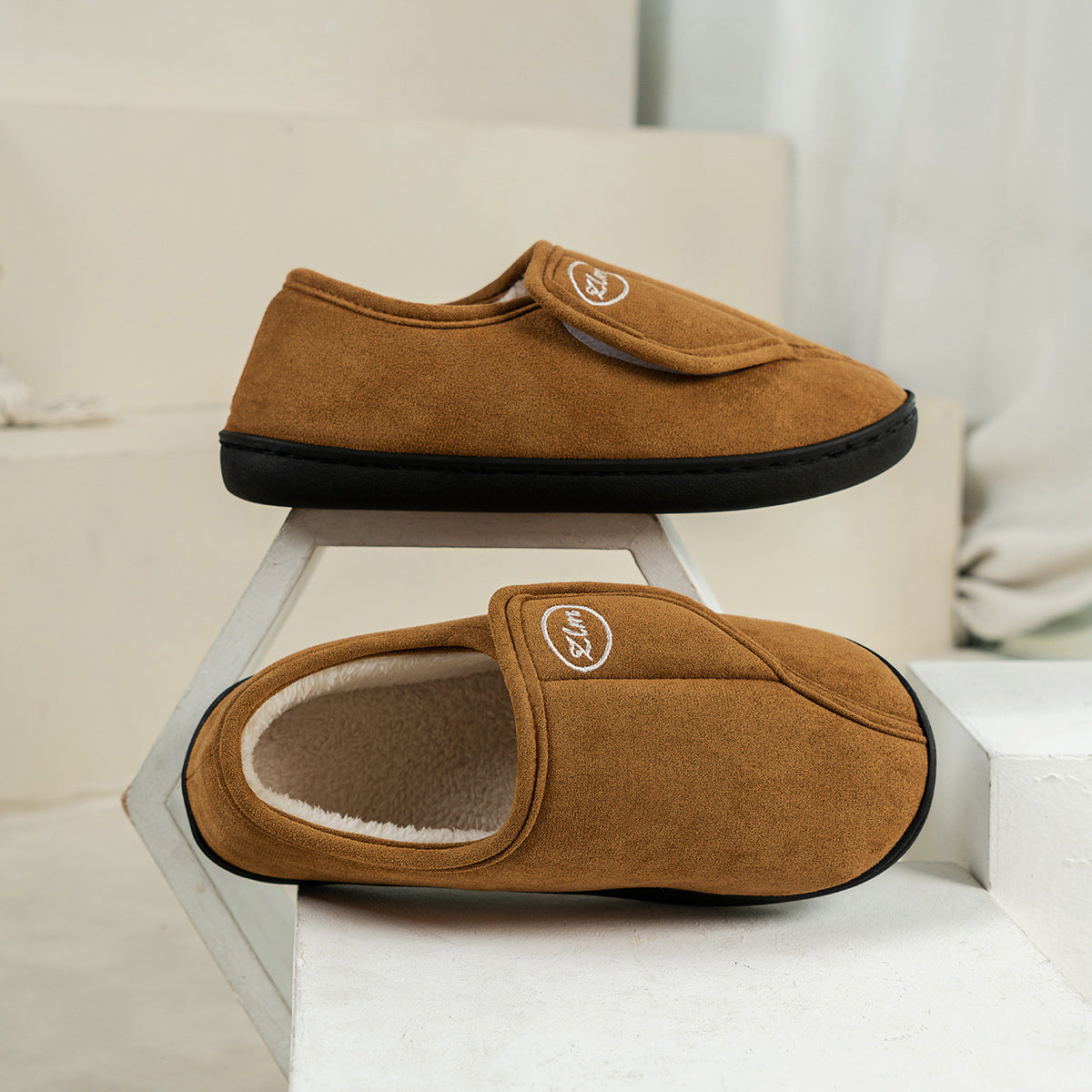 Winter Non-Slip Velcro Cotton Slippers Indoor Warm Furry Shoes