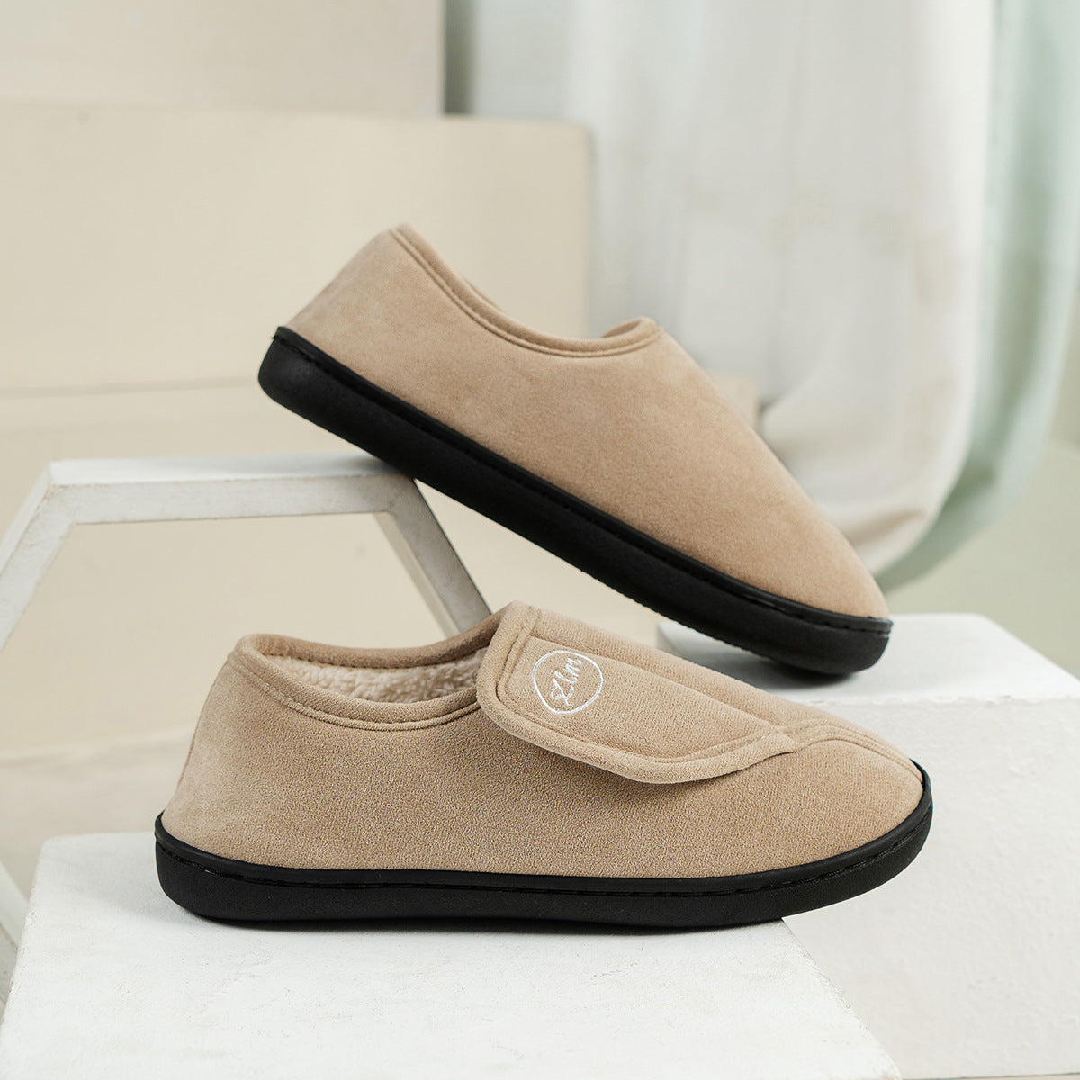 Winter Non-Slip Velcro Cotton Slippers Indoor Warm Furry Shoes