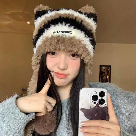 Winter Plush Striped Knitted Hat