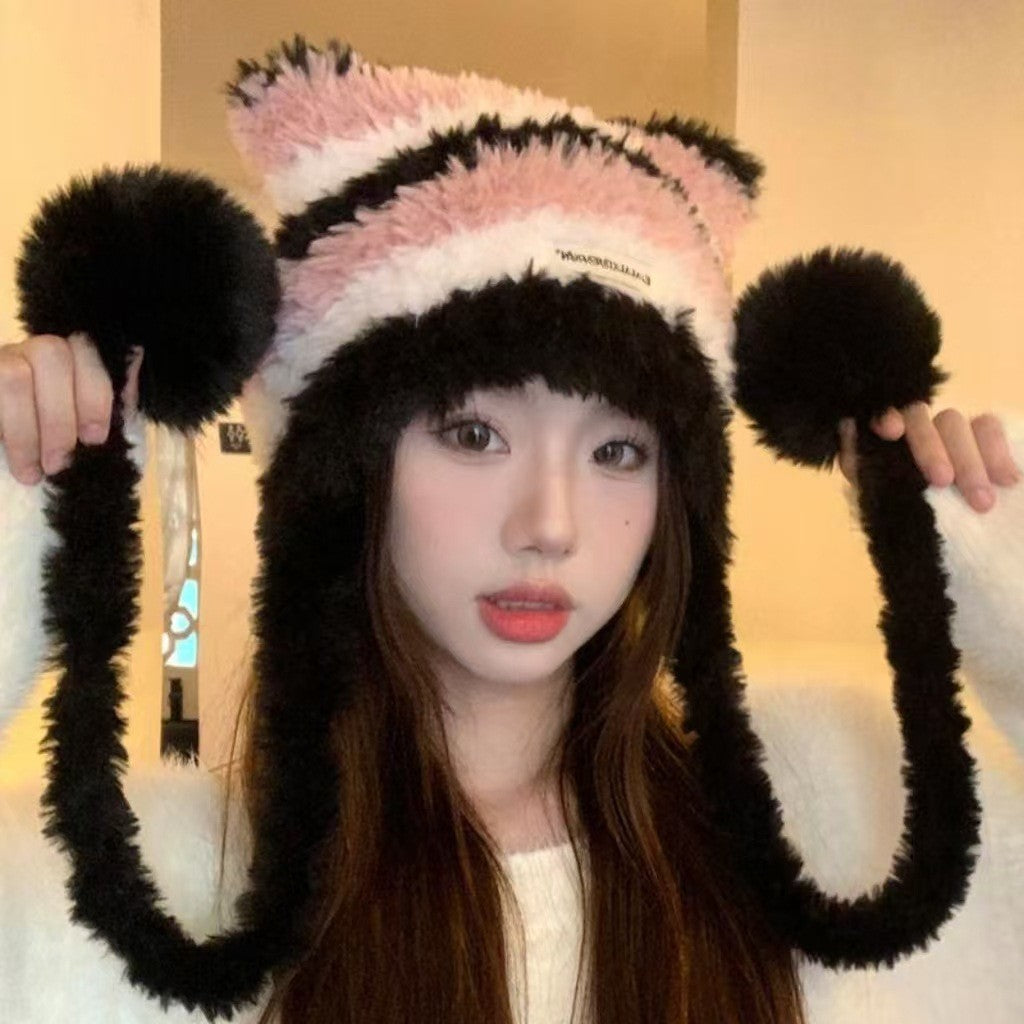Winter Plush Striped Knitted Hat