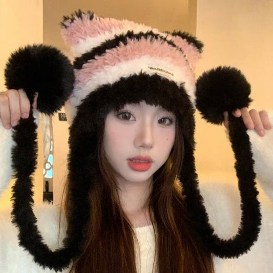 Winter Plush Striped Knitted Hat