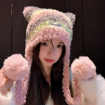 Winter Plush Striped Knitted Hat