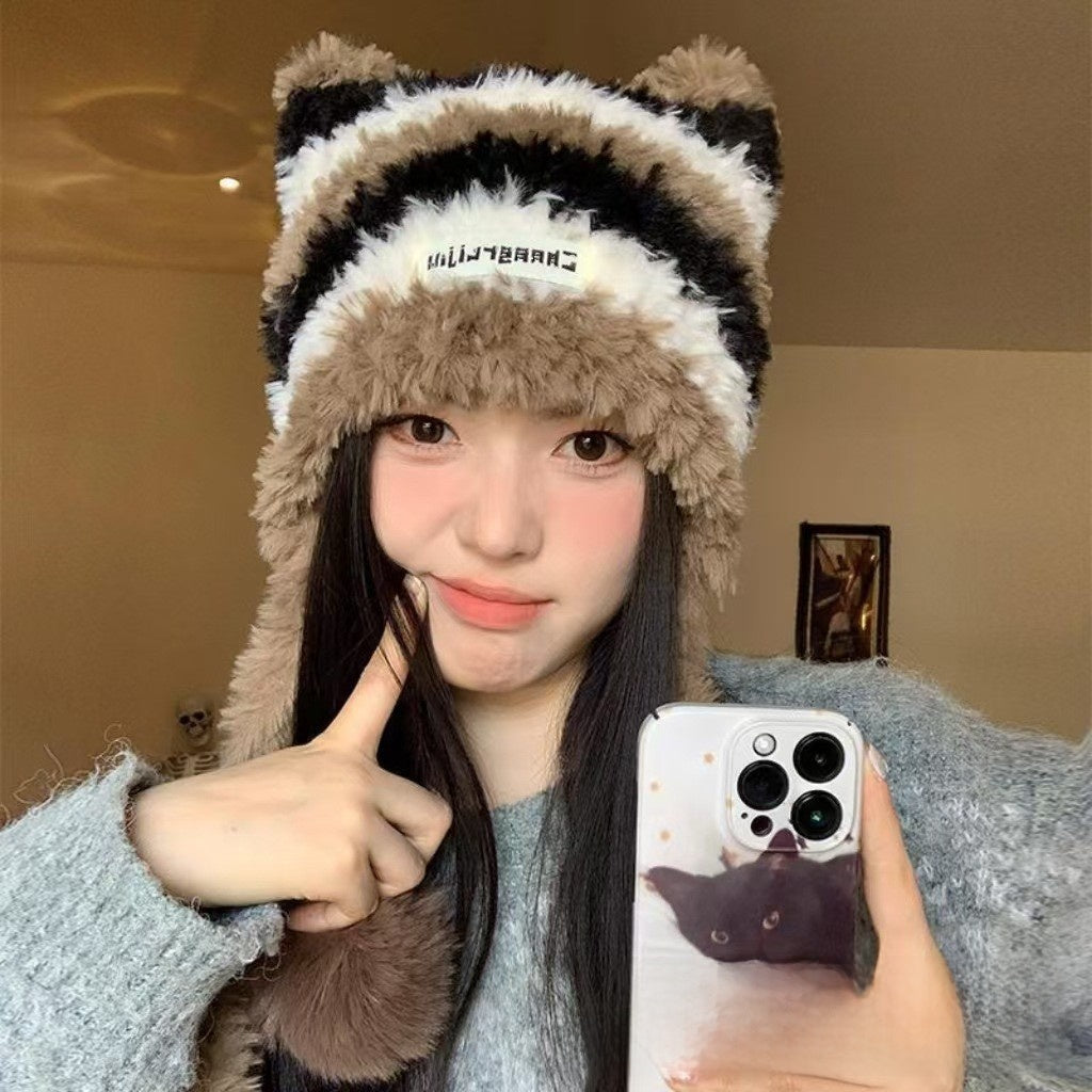 Winter Plush Striped Knitted Hat