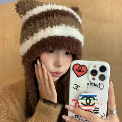 Winter Plush Striped Knitted Hat