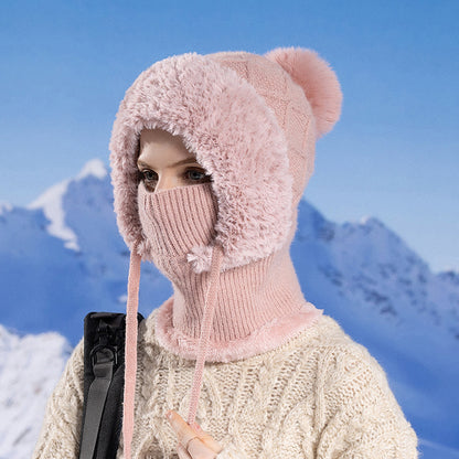 Winter Velvet Knitted Hat with Scarf and Mask