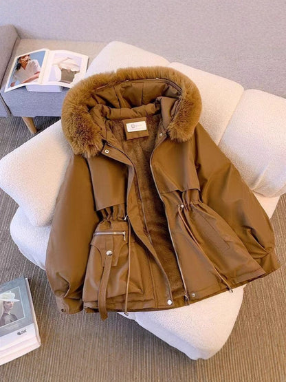 Winter Womens Hooded Cotton Jacket with Fur Collar