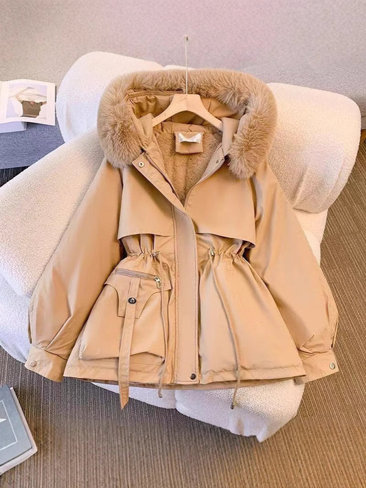 Winter Womens Hooded Cotton Jacket with Fur Collar