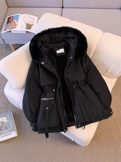 Winter Womens Hooded Cotton Jacket with Fur Collar