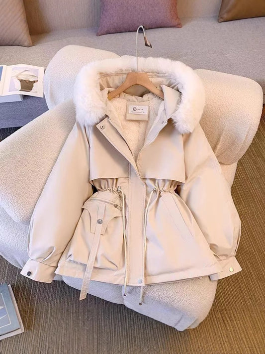 Winter Womens Hooded Cotton Jacket with Fur Collar