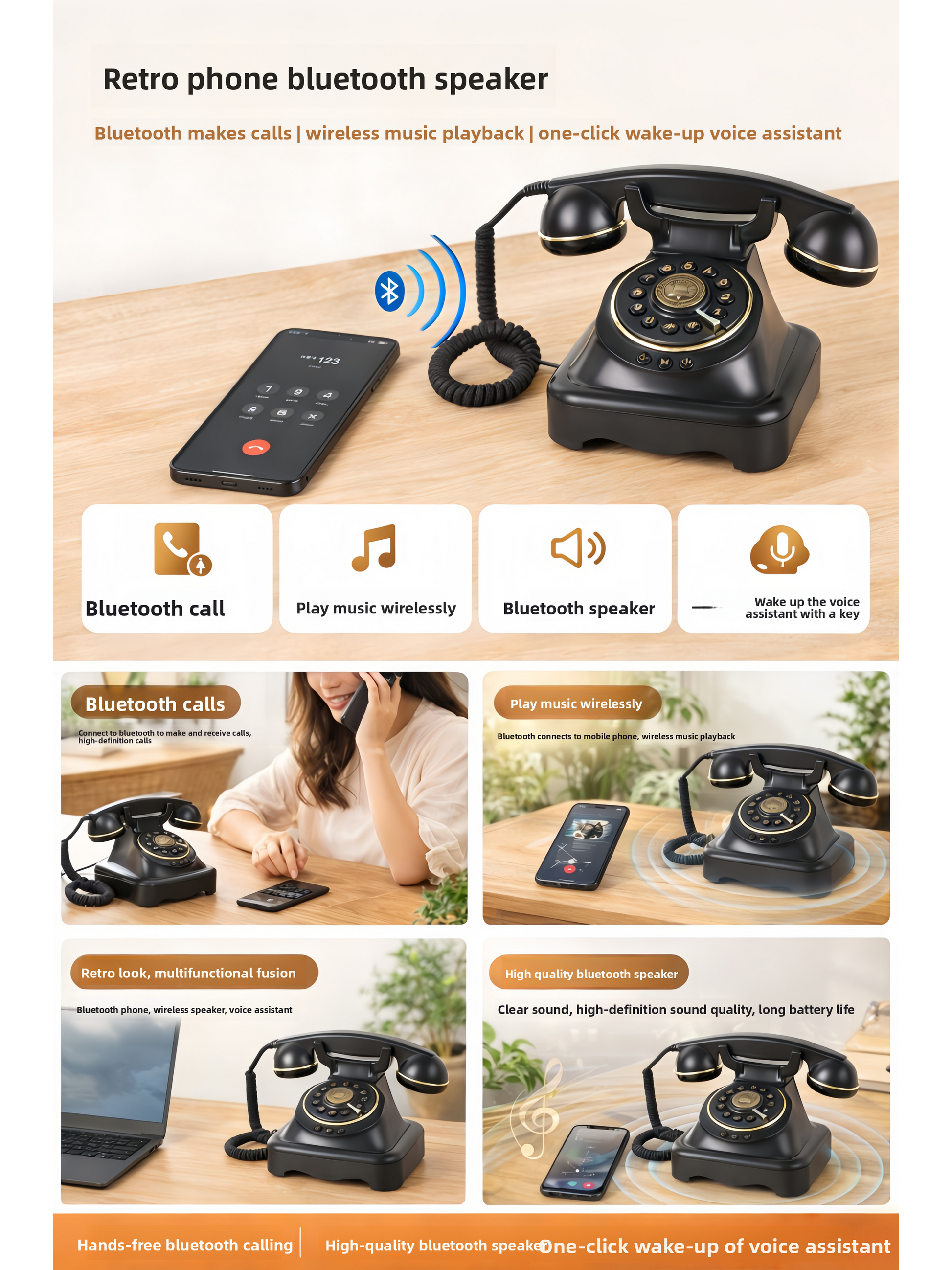 Wireless Bluetooth Retro Landline Phone with Voice Assistant