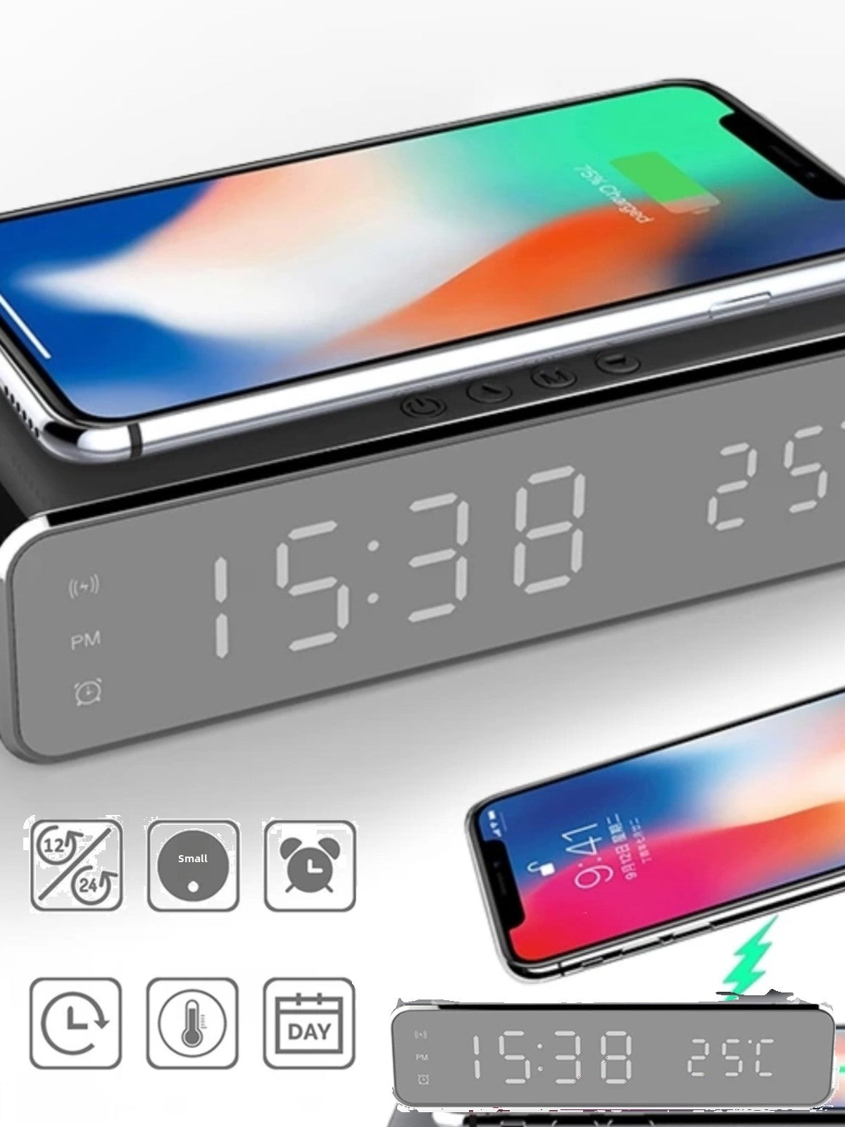 Wireless Charging Digital Alarm Clock with Temperature Display