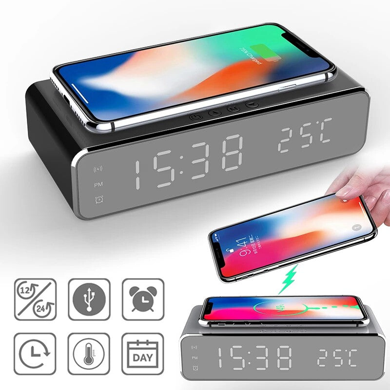 Wireless Charging Digital Alarm Clock with Temperature Display
