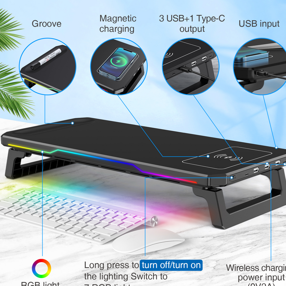 Wireless Charging RGB Laptop Stand with Hub and Height Adjustment
