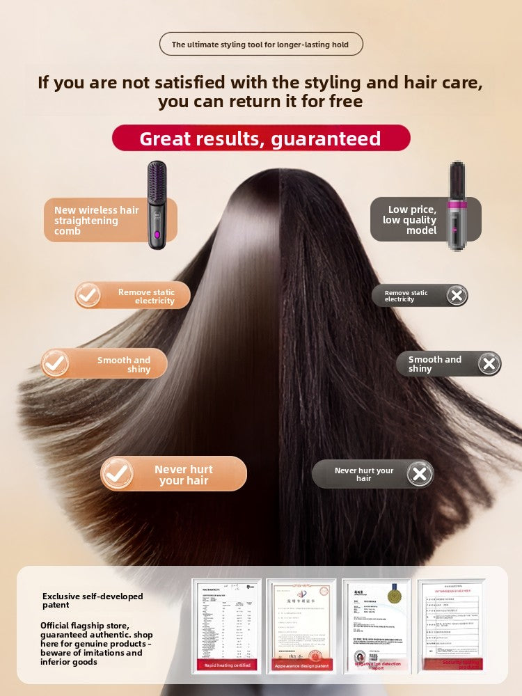 Wireless Hair Straightening Comb with Negative Ions That Won'T Damage Hair, Portable Straightening and Curling Tool, Dual-Use Curling Iron, Straightener, High Crown Volume