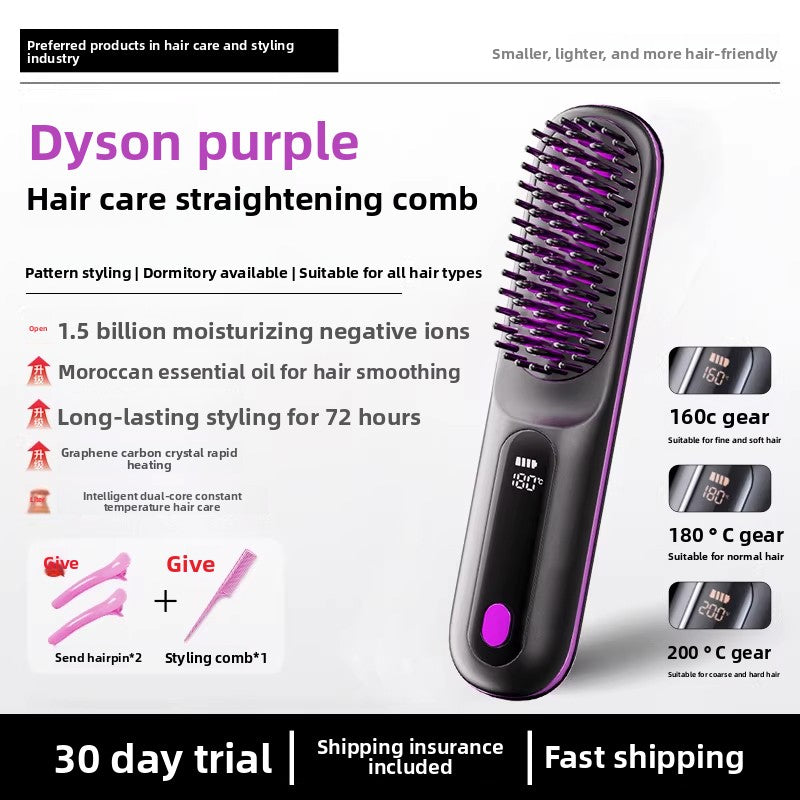 Wireless Hair Straightening Comb with Negative Ions That Won'T Damage Hair, Portable Straightening and Curling Tool, Dual-Use Curling Iron, Straightener, High Crown Volume