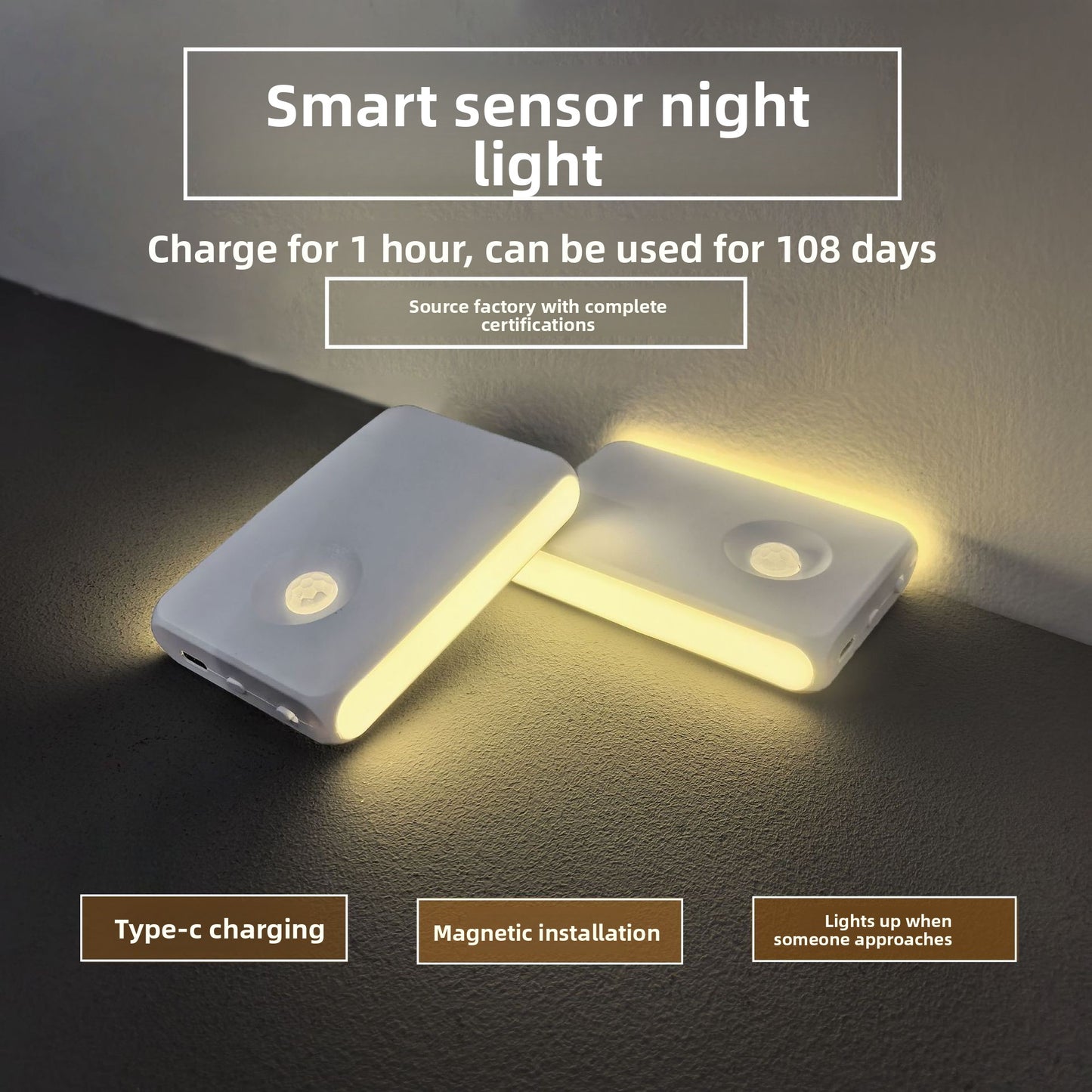 Wireless Magnetic Sensor Night Light with Type-C Charging