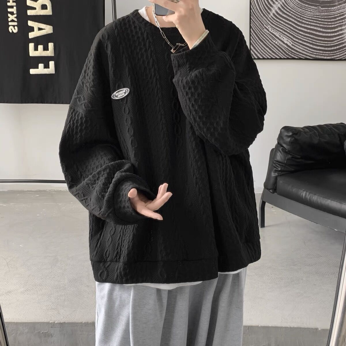 wist Texture Sweatshirt Loose Fit Round Neck Top