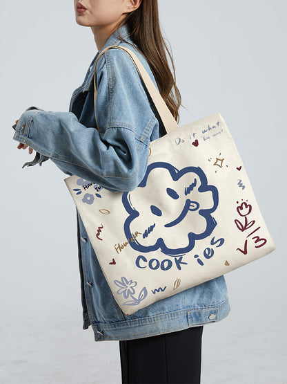 Women Canvas Tote Bag with Cartoon Design