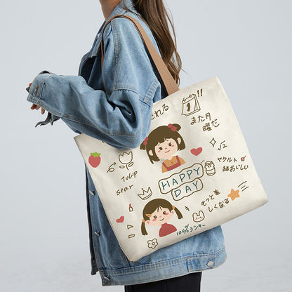 Women Canvas Tote Bag with Cartoon Design