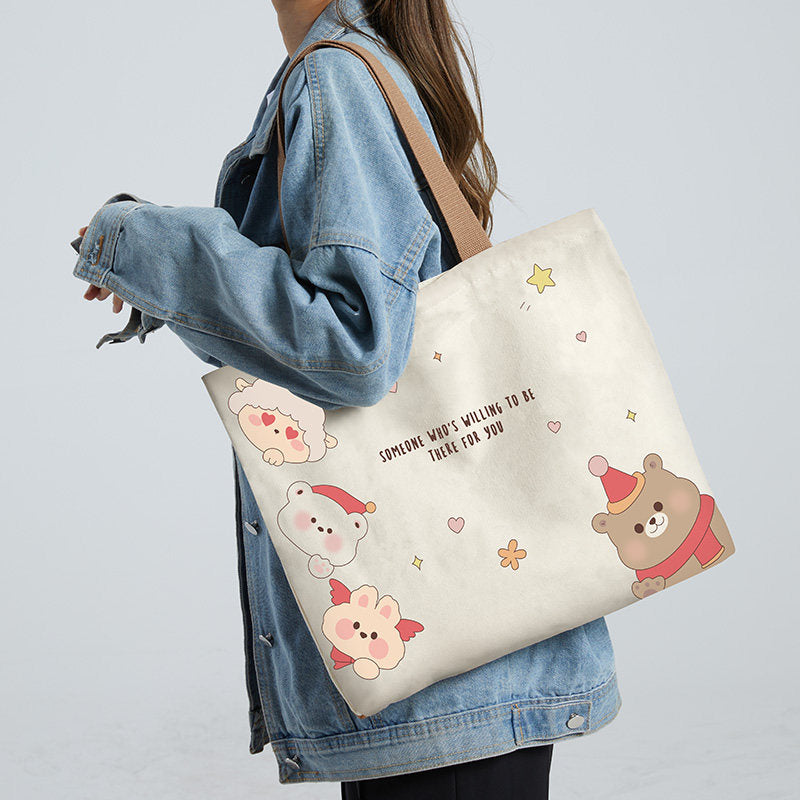 Women Canvas Tote Bag with Cartoon Design