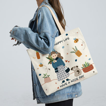 Women Canvas Tote Bag with Cartoon Design
