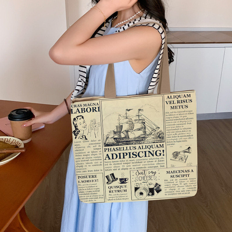 Women Canvas Tote Bag with Cartoon Design