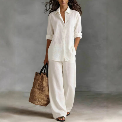 Women Casual Cotton Linen Shirt Pants Set
