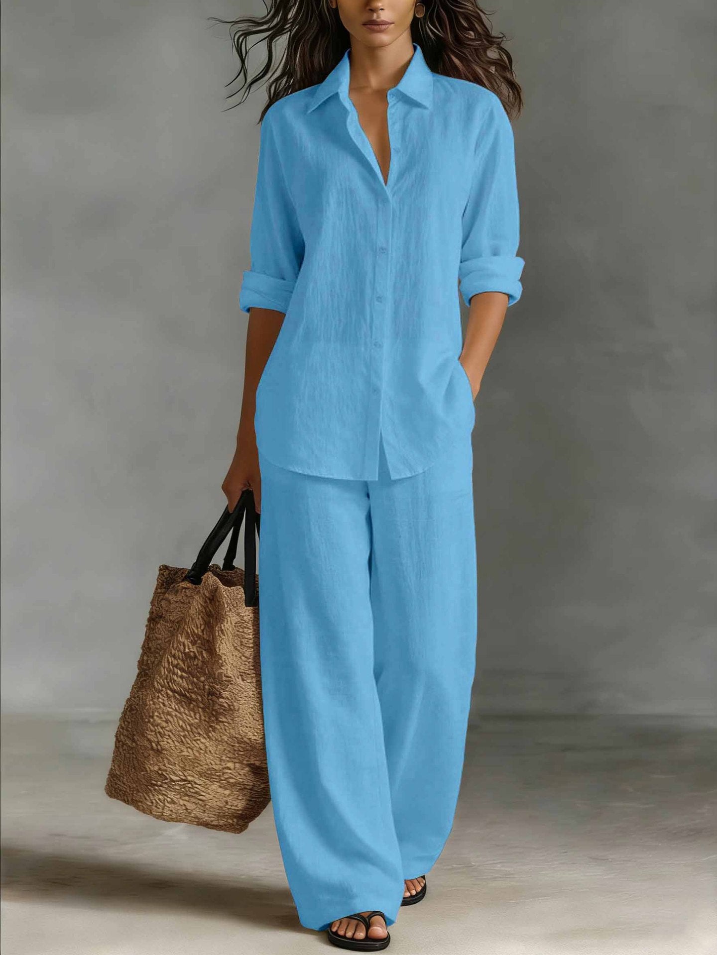 Women Casual Cotton Linen Shirt Pants Set