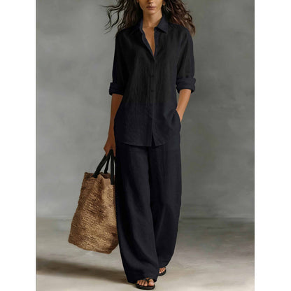 Women Casual Cotton Linen Shirt Pants Set