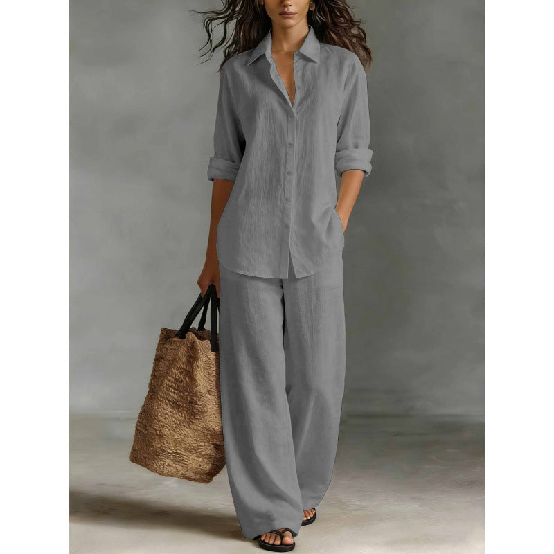 Women Casual Cotton Linen Shirt Pants Set