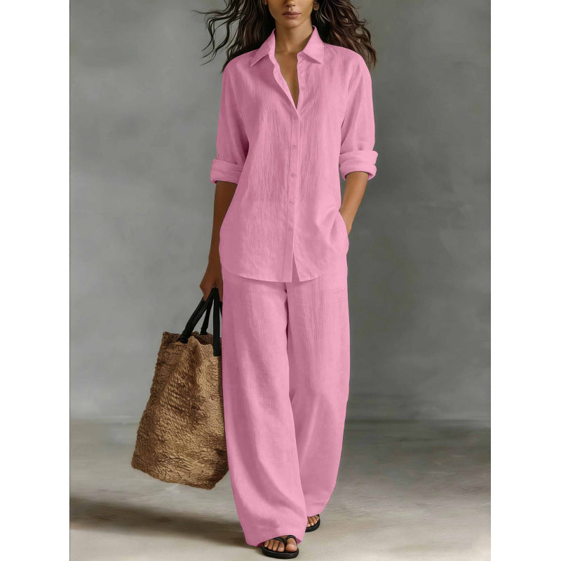 Women Casual Cotton Linen Shirt Pants Set