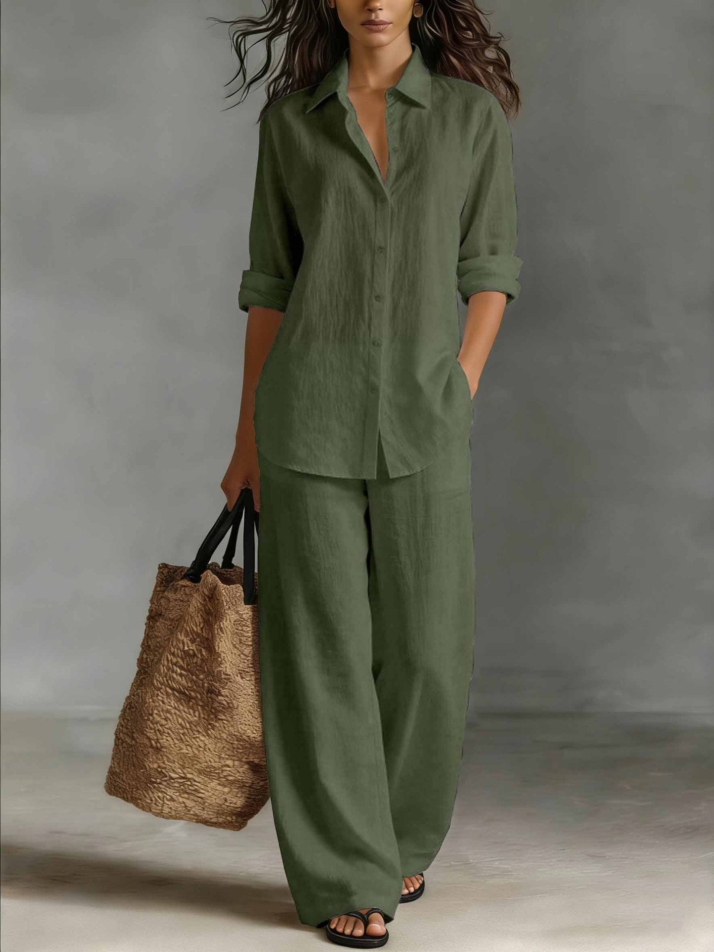 Women Casual Cotton Linen Shirt Pants Set