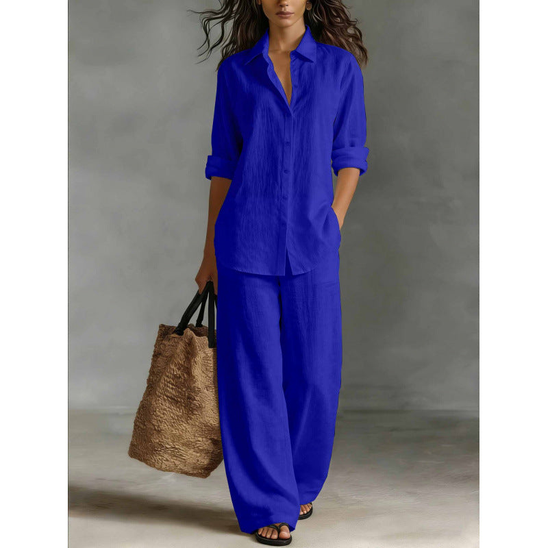 Women Casual Cotton Linen Shirt Pants Set