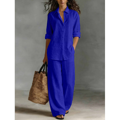Women Casual Cotton Linen Shirt Pants Set