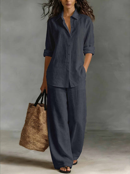 Women Casual Cotton Linen Shirt Pants Set